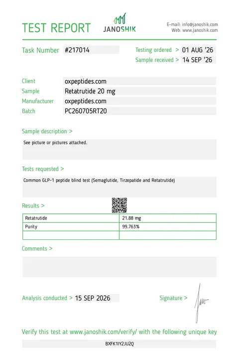 Janoshik report #217014, OXpeptides Retatrutide 20 mg, purity 99.763%