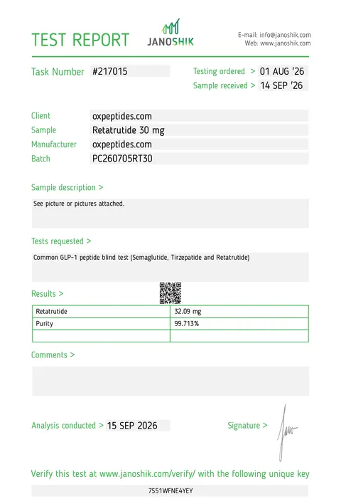 Janoshik report #217015, OXpeptides Retatrutide 30 mg, purity 99.713%