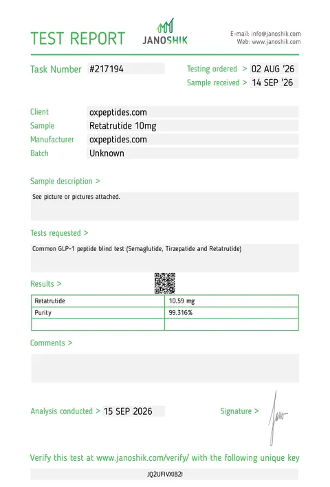 Janoshik report #217194, OXpeptides Retatrutide 10 mg, purity 99.316%