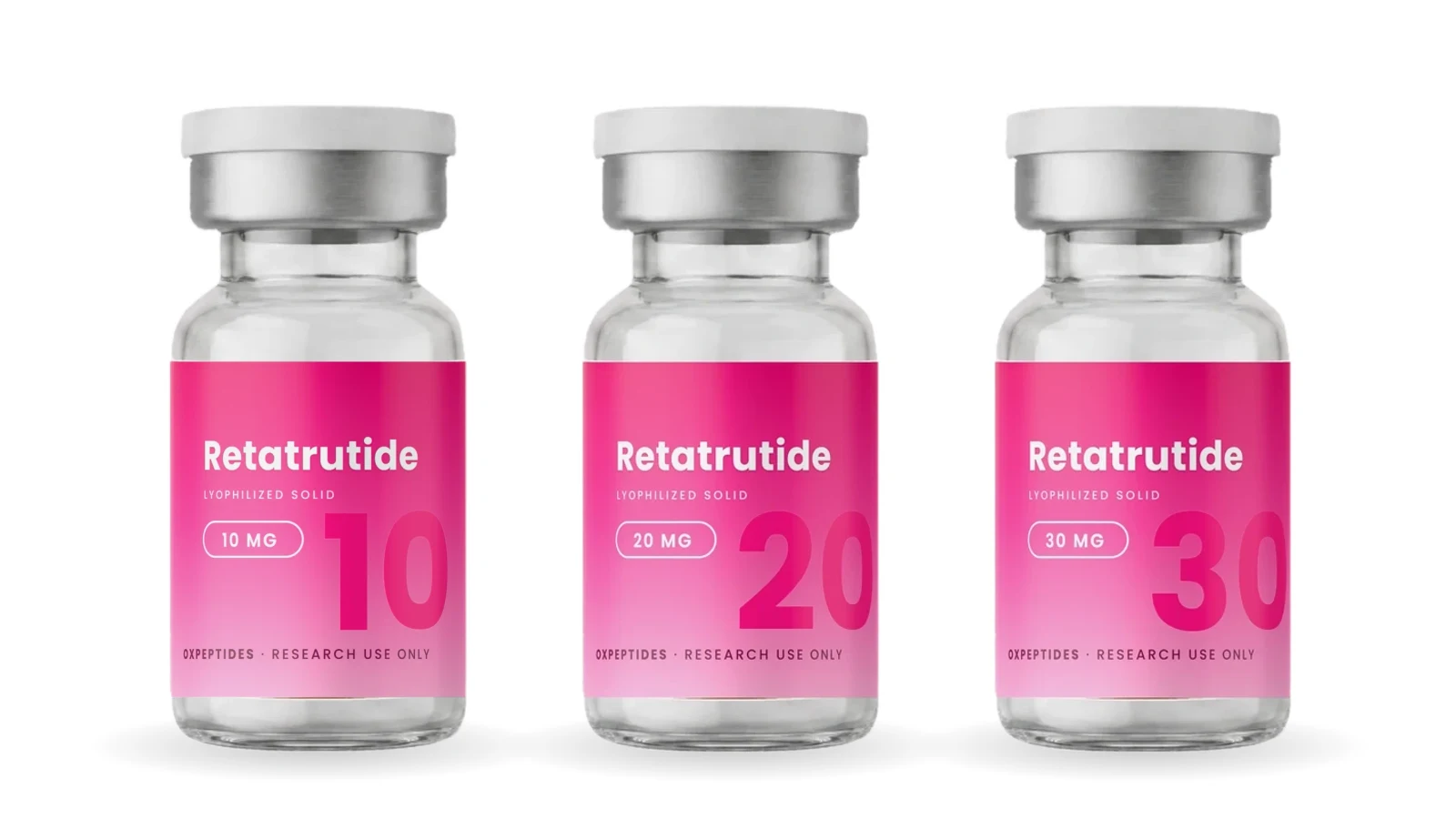 Three sealed OXpeptides Retatrutide research vials, crimp caps and white lyophilised cake, on a white background