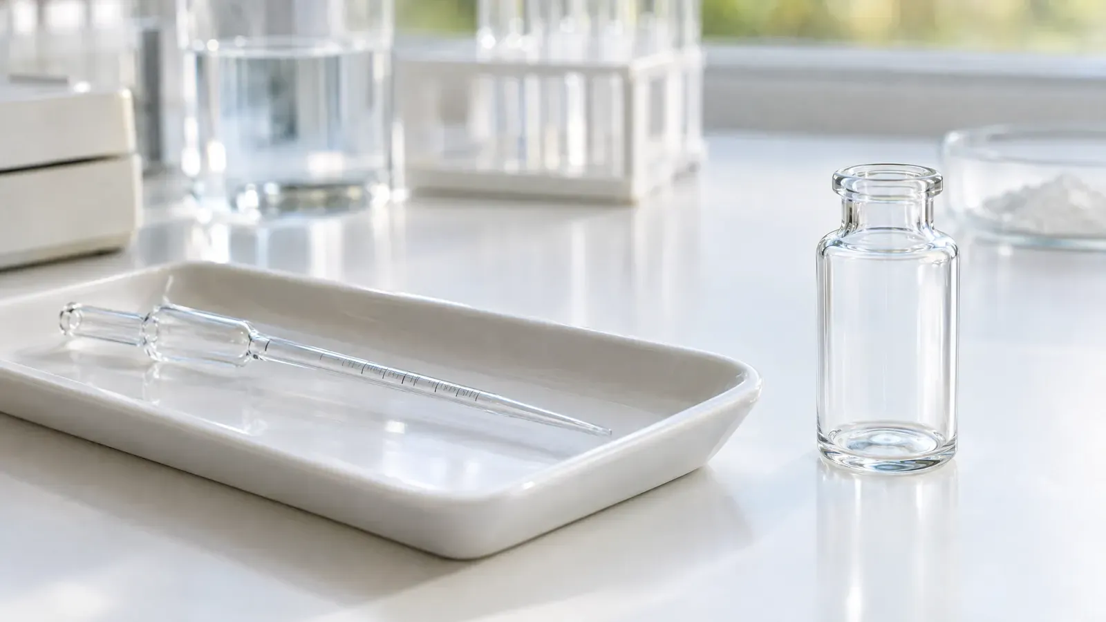 A folded white cotton cloth, a glass specimen jar and a wooden tray on a bright counter