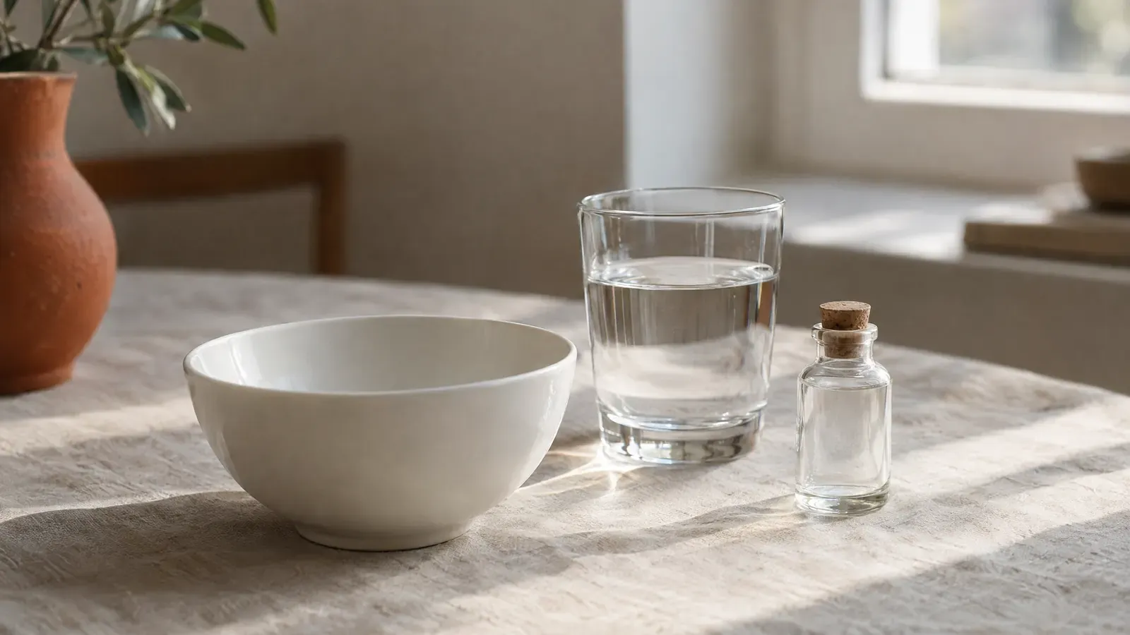 A white ceramic bowl with a glass of water and a small glass specimen bottle on linen