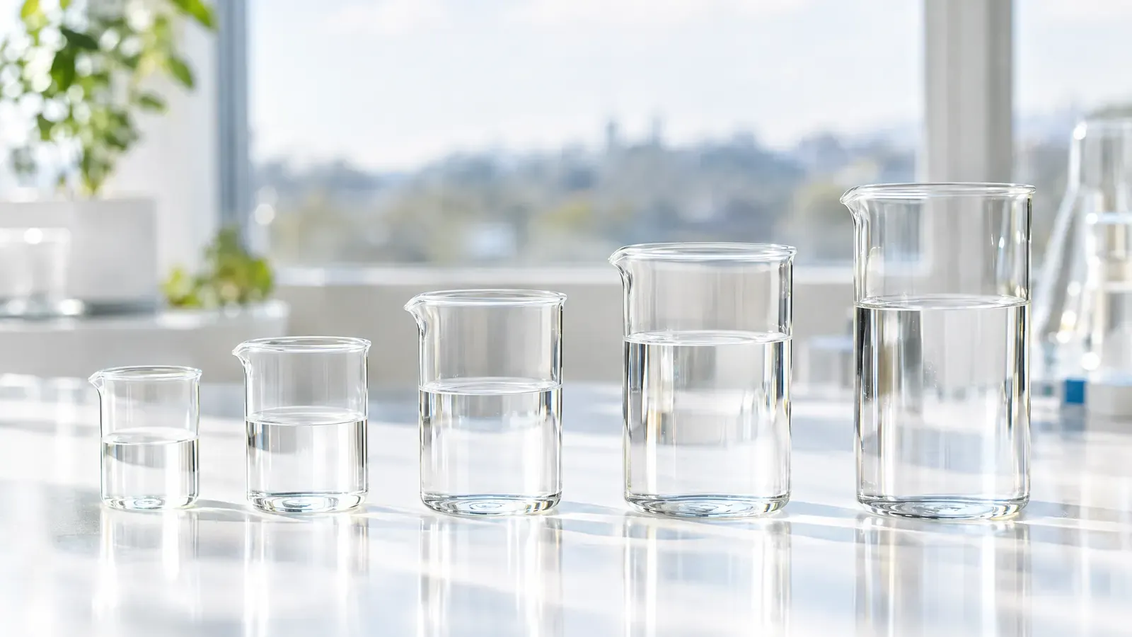 A row of small white ceramic cups in an ascending line on a wooden board