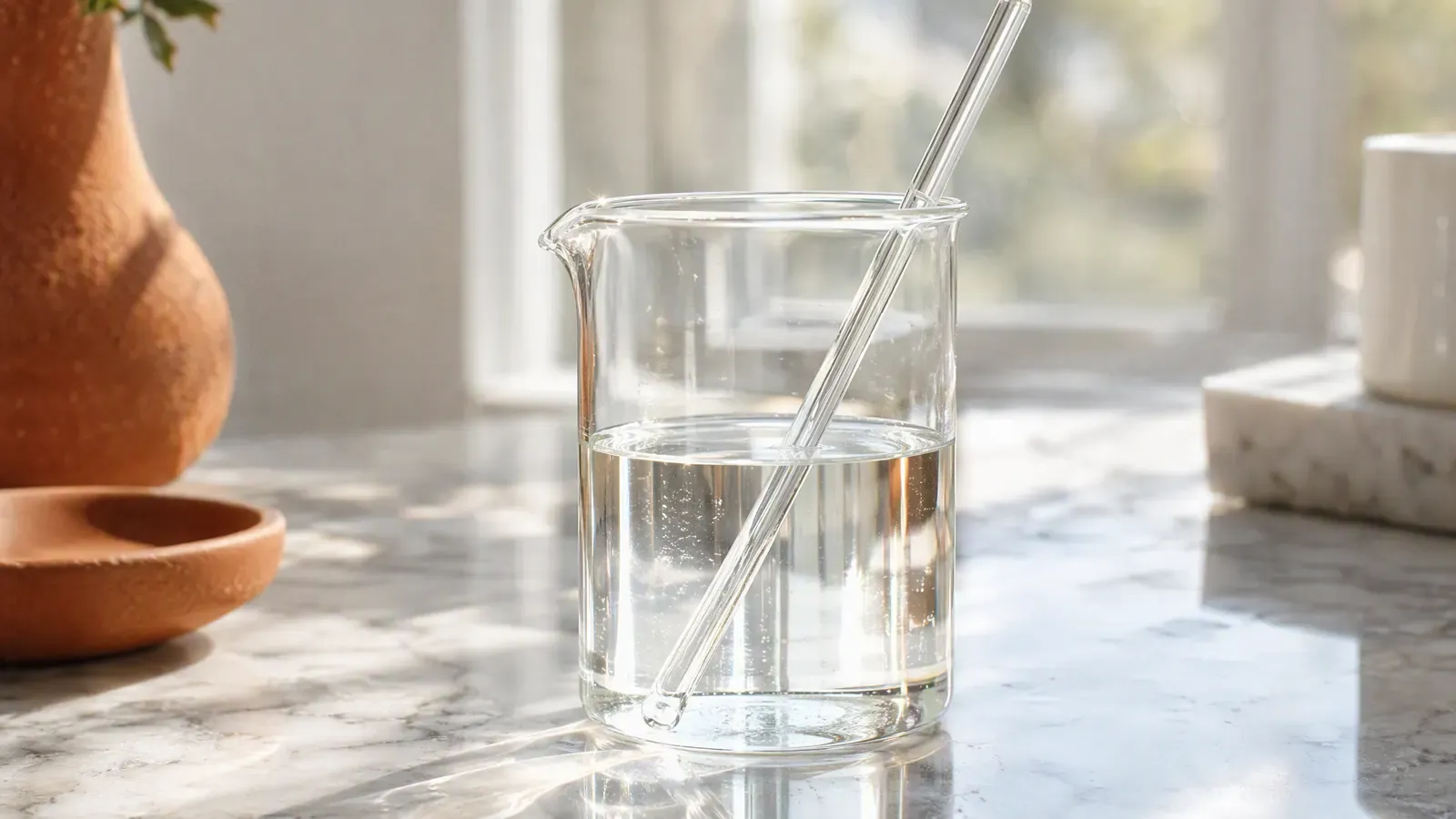 A glass laboratory beaker with clear liquid and a glass stirring rod on white marble