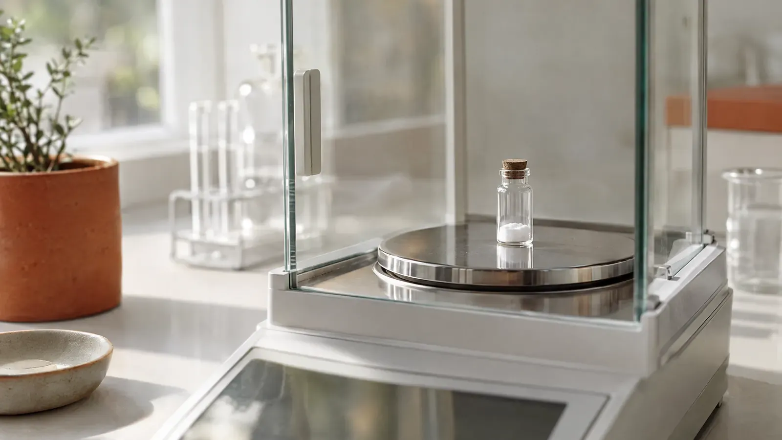 A precision balance weighing pan close-up with a tiny glass bottle