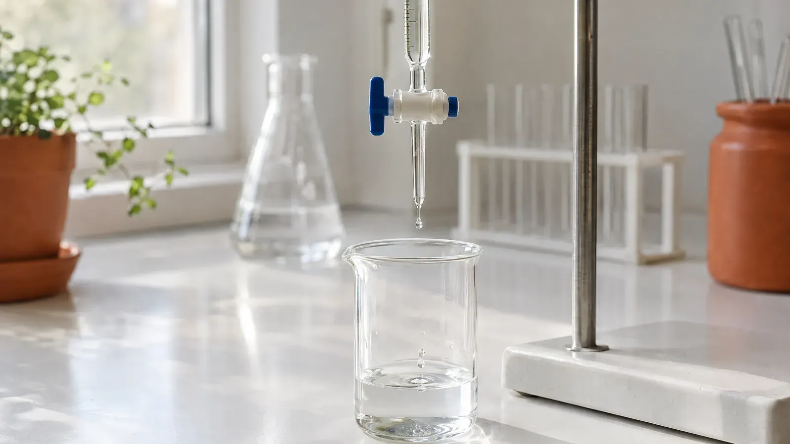 A glass burette dripping into a beaker on a white laboratory bench