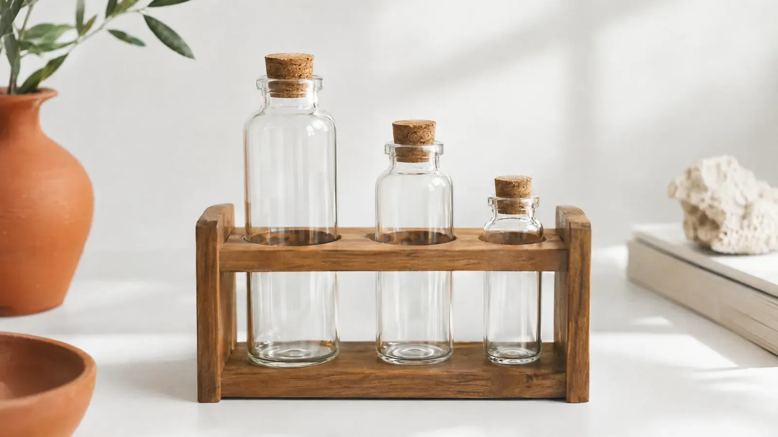 A wooden rack holding small clear glass bottles of three sizes