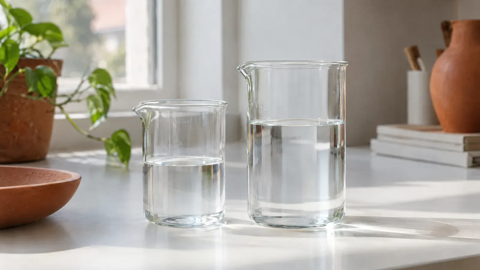 Two glass laboratory vessels of different heights side by side on a white bench